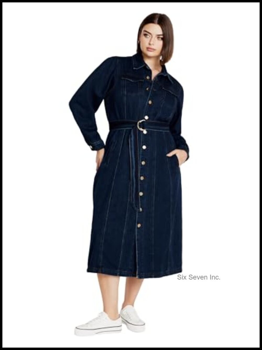 Plus Size Denim Maxi Dress with Collared Neck and Front Pockets